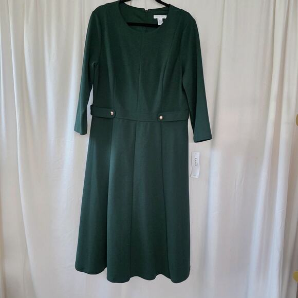 NWT London Times Women's 16 Fit & Flare Midi Dress Emerald Green Hunter Holiday - Picture 11 of 12